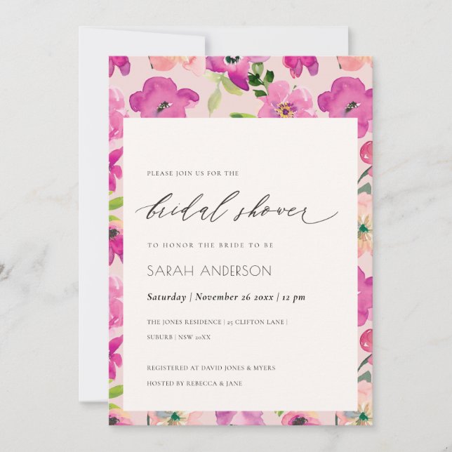 Bright Pink Fun Watercolor Floral Bridal Shower Invitation (Front)