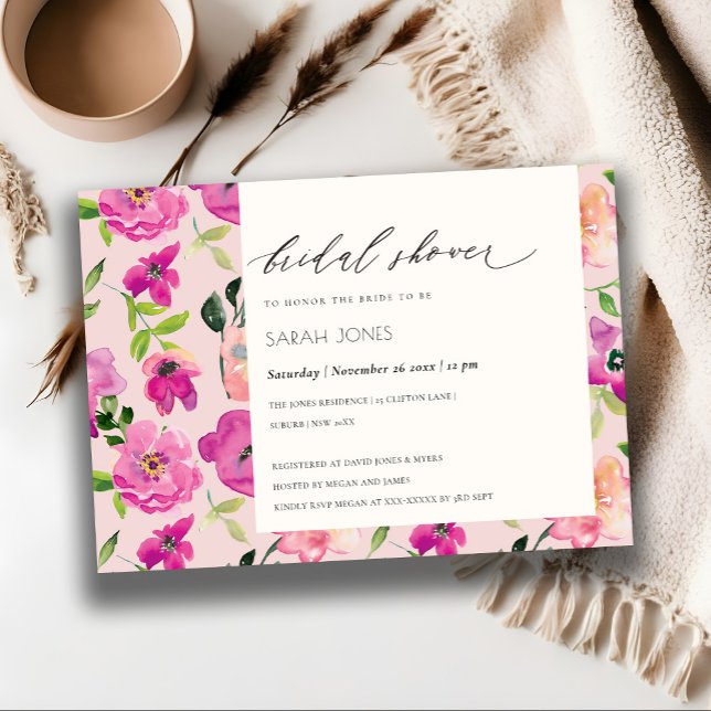 Bright Pink Fun Watercolor Floral Bridal Shower Invitation (Creator Uploaded)