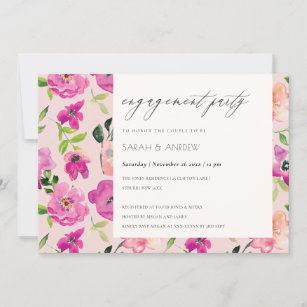 Bright Pink Fun Watercolor Floral Engagement Invitation