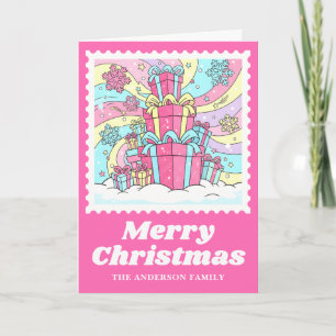 Bright Pink Gift Boxes Christmas Postage Stamp Holiday Card
