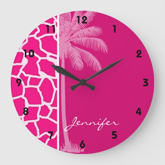 Bright Pink Giraffe Animal Print; Summer Palm Large Clock (Front)