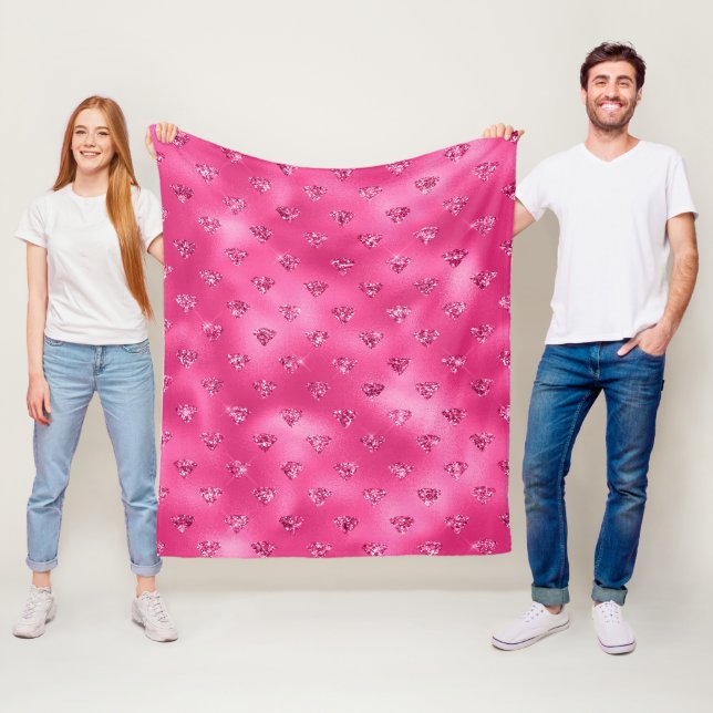 Bright Pink Glam Sparkly Diamonds Pattern Fleece Blanket (In Situ)
