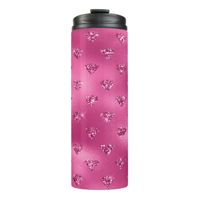 Bright Pink Glam Sparkly Diamonds Pattern Thermal Tumbler (Front)