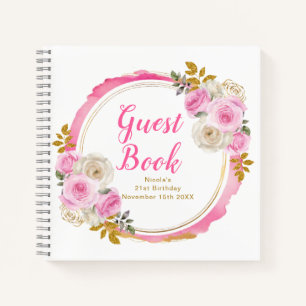 Bright Pink Gold Elegant Flowers Birthday Party Notebook