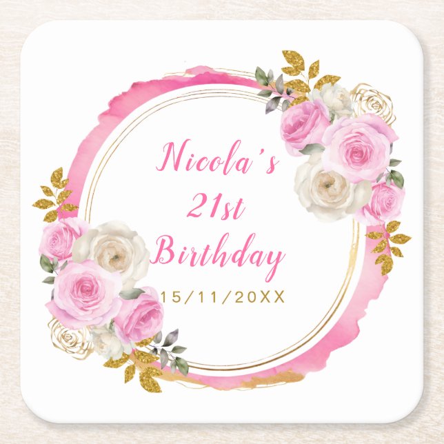 Bright Pink Gold Elegant Flowers Birthday Party Square Paper Coaster (Front)