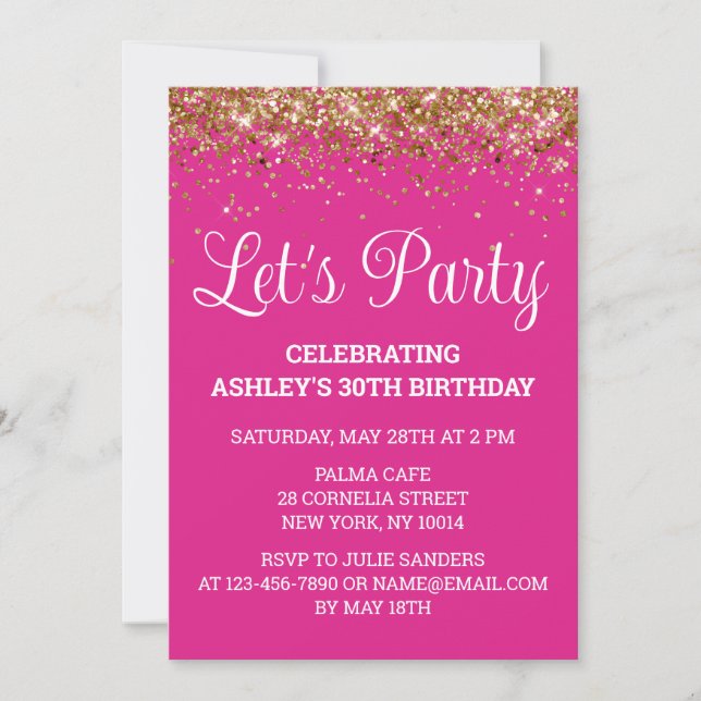 Bright Pink Gold Glitter 30th Birthday Let's Party Invitation (Front)