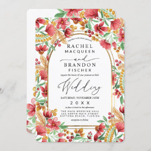 Bright Pink Golden Yellow Floral Arch Wedding Invitation