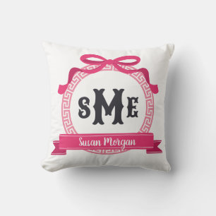 Bright Pink Greek Key Bow Monogram Cushion