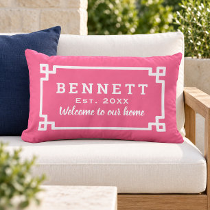 Bright Pink Greek Key Monogram Welcome Lumbar Cushion