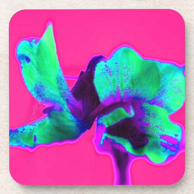 Bright Pink & Green Abstract Floral Plastic Coaster (Front)