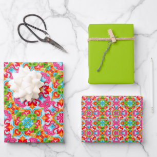 Bright Pink, Green, Blue, Orange & White Pattern Wrapping Paper Sheet