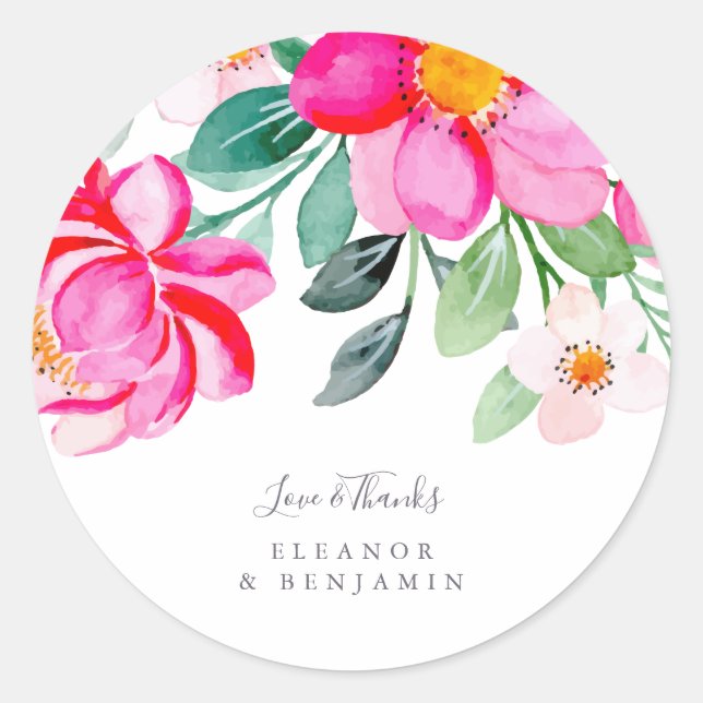 Bright Pink Green Floral Custom Wedding Thank You  Classic Round Sticker (Front)