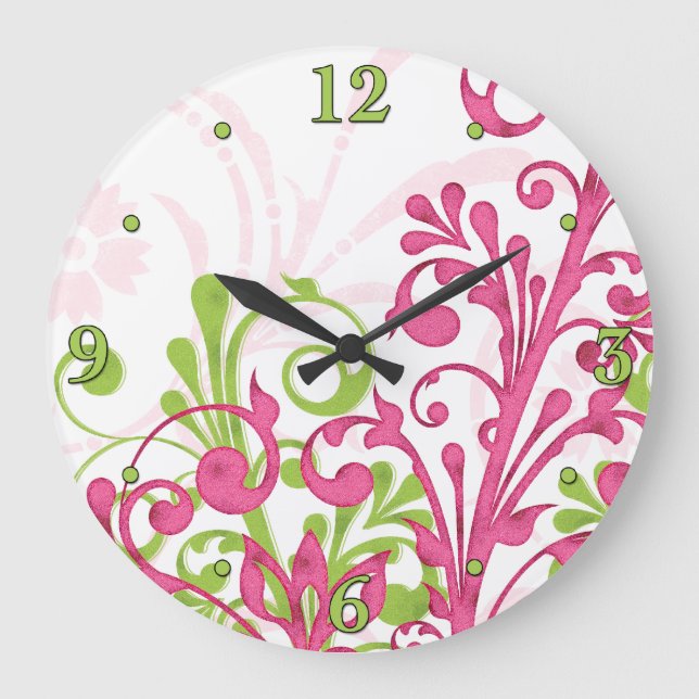 Bright Pink, Green, White Floral Wall Clock (Front)