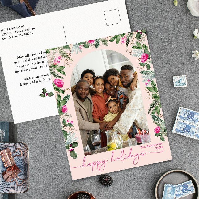 Bright Pink Greenery Arch Happy Holidays Photo Postcard (Creator Uploaded)