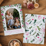 Bright Pink & Greenery Arch Merry Christmas Photo Holiday Card<br><div class="desc">This collection features watercolor bright pink florals,  berries & winter greenery with modern & elegant typography,  with a winter botanical pattern back.</div>
