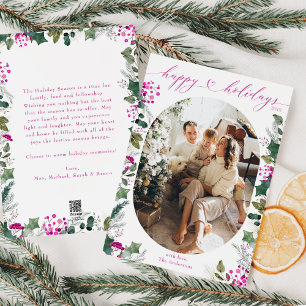 Bright Pink Greenery Oval Photo Holiday Card