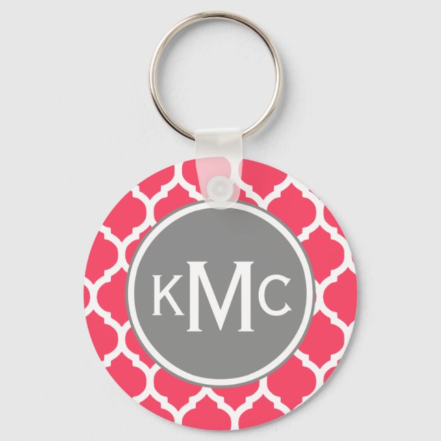 Bright Pink Grey Monogrammed Moroccan Lattice Key Ring (Front)