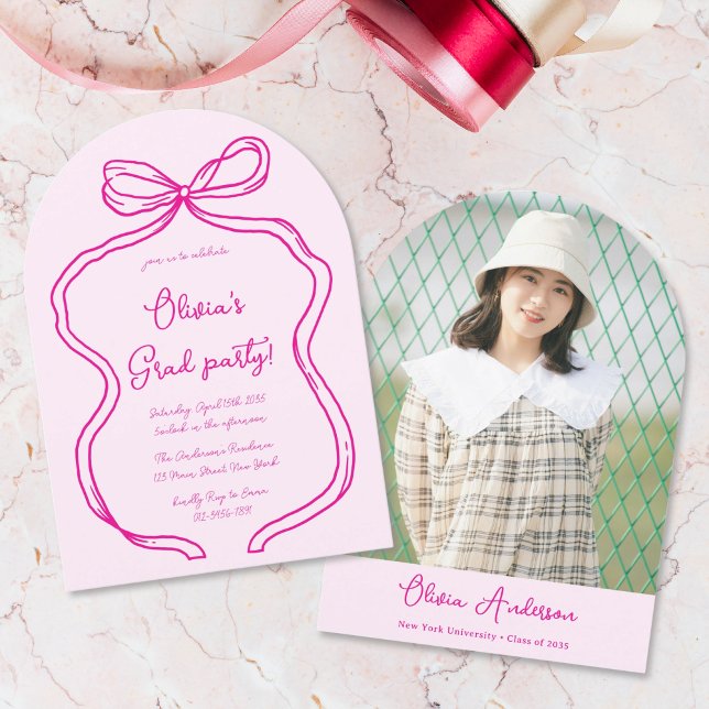 Bright Pink Hand Drawn Bow Photo Graduation Party Invitation (Creator Uploaded)