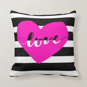 Bright Pink Heart Love Pillow With Black Stripes