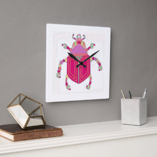 Bright Pink Horned Beetle Wall Clock