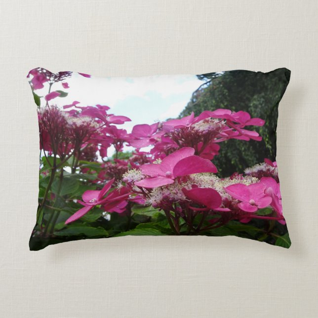 Bright Pink Hydrangeas with Blue Sky Accent Pillow (Front)