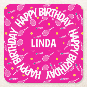 Bright pink I love tennis, Happy Birthday Square Paper Coaster