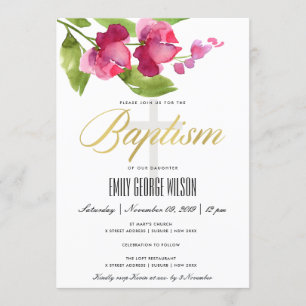 BRIGHT PINK  INK WASH  WATERCOLOR FLORAL BAPTISM INVITATION