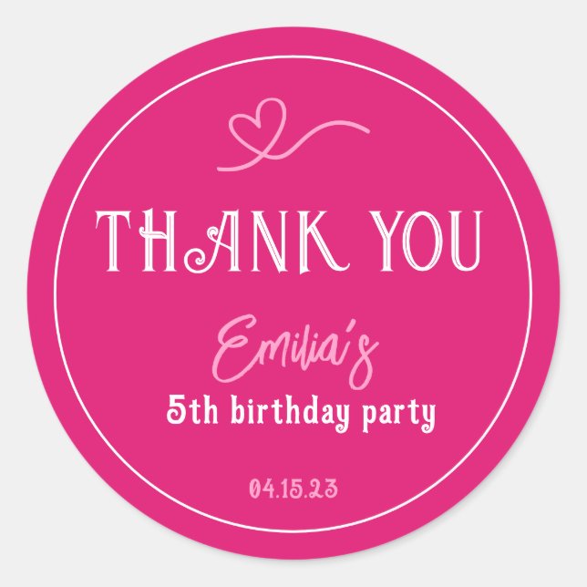 Bright Pink Kids Birthday Party Thank You  Classic Round Sticker (Front)