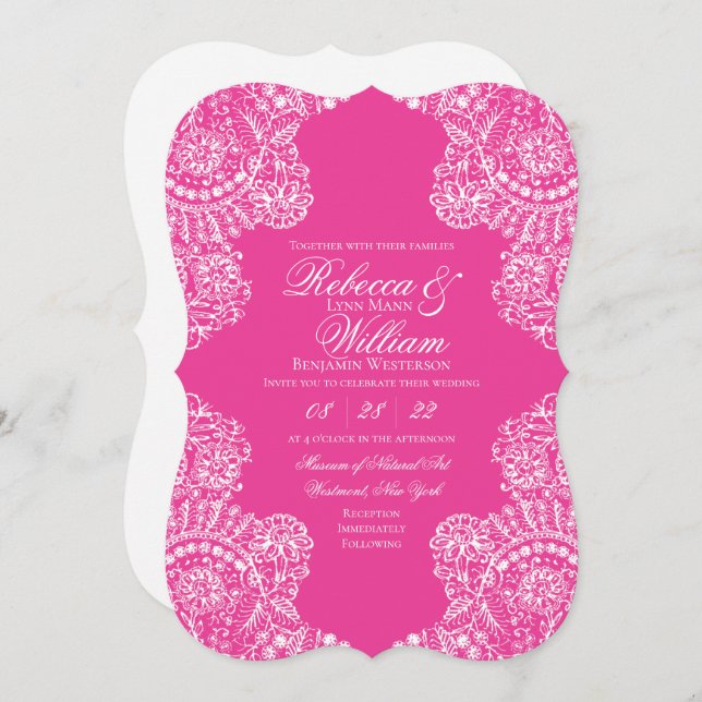 Bright Pink Lace Elegant Wedding Invitation (Front/Back)
