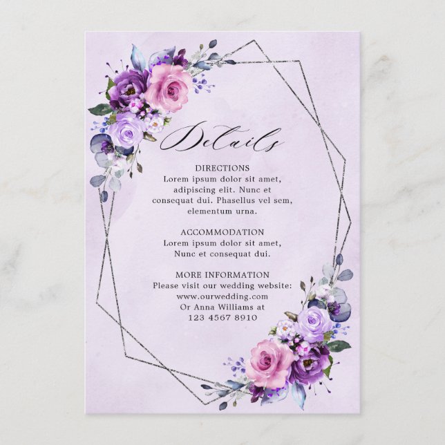 Bright Pink Lilac Purple Shades Flowers Wedding  Enclosure Card (Front)