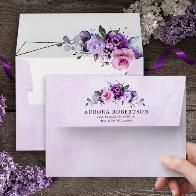 Bright Pink Lilac Purple Shades Flowers Wedding  Envelope (purple pink floral botanical wedding invitation envelope)