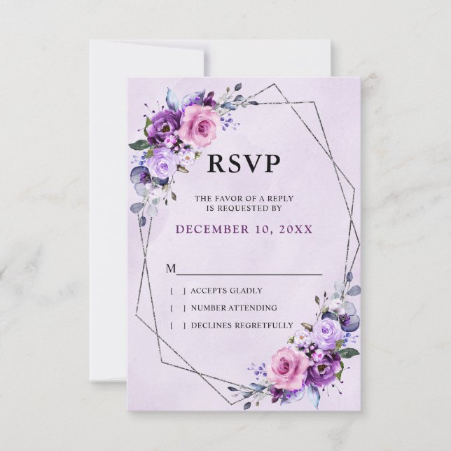  Bright Pink Lilac Purple Shades Flowers Wedding  RSVP Card (Front)