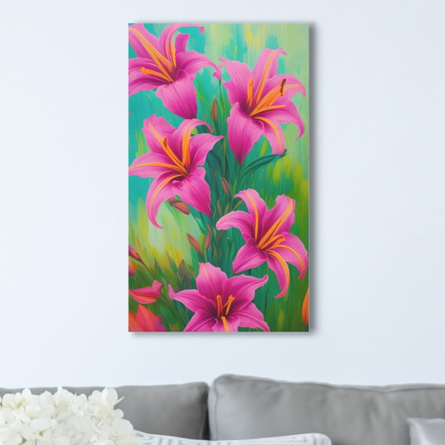 Bright Pink Lilies on Green Digital Oil Painting Canvas Print (Creator Uploaded)
