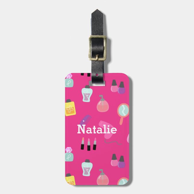 Bright Pink, Makeup, Beauty, Grooming pattern Luggage Tag (Front Vertical)
