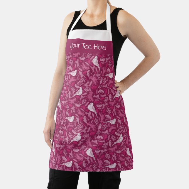Bright Pink Mauve Winter White Bird Floral Pattern Apron (Insitu)