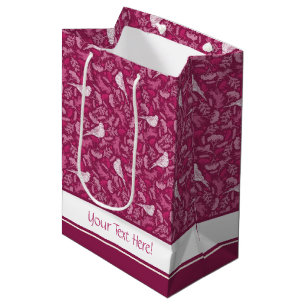 Bright Pink Mauve Winter White Bird Floral Pattern Medium Gift Bag