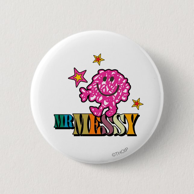 Bright Pink Mr. Messy | Sparkling Stars 6 Cm Round Badge (Front)