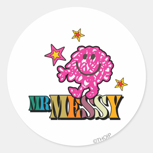 Bright Pink Mr. Messy | Sparkling Stars Classic Round Sticker (Front)