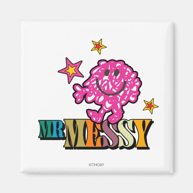 Bright Pink Mr. Messy | Sparkling Stars Magnet (Front)