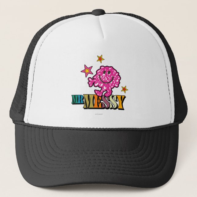 Bright Pink Mr. Messy | Sparkling Stars Trucker Hat (Front)