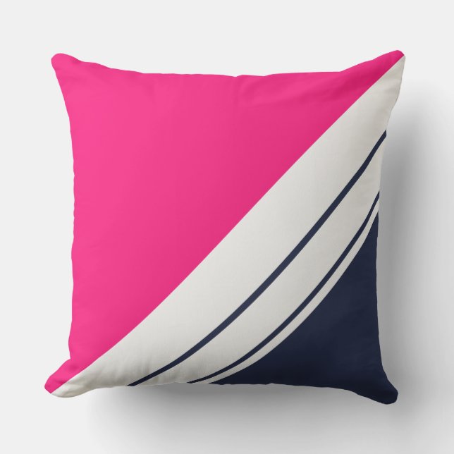 Bright Pink Navy Diagonal White Racing Stripes  Cushion (Front)