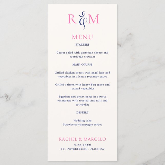Bright Pink Navy Simple Monogram Wedding Menu (Front)