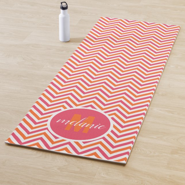 Bright Pink Orange Chevron Monogram Yoga Mat (In Situ)