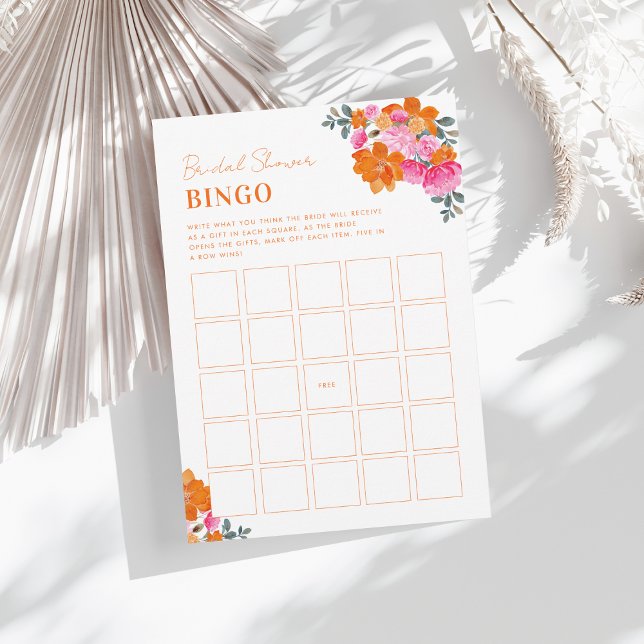 Bright Pink Orange Floral Bridal Shower Bingo Game Invitation (Creator Uploaded)