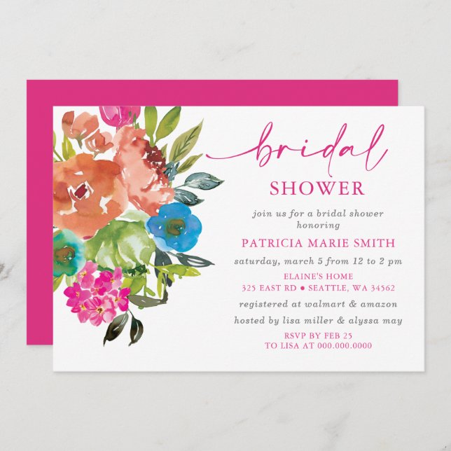 Bright Pink Orange Floral Bridal Shower Invitation (Front/Back)