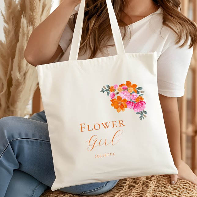 Bright Pink Orange Floral Flower Girl Name Wedding Tote Bag (Creator Uploaded)