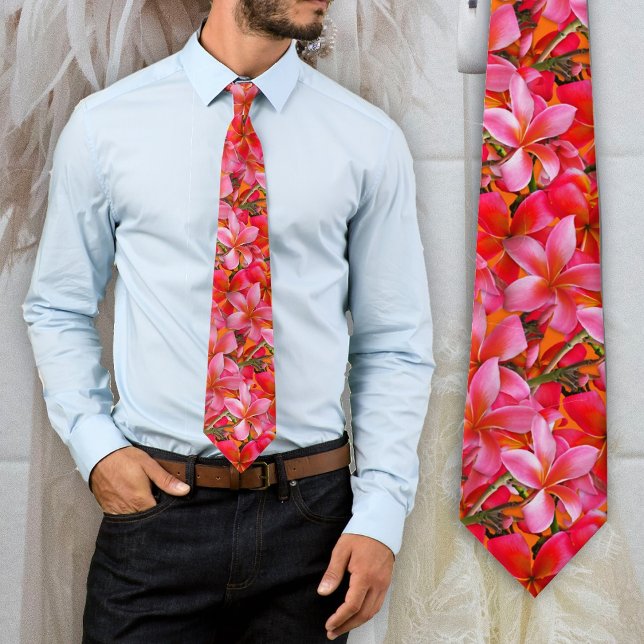 Bright Pink Orange Hawaiian Plumeria Print Tie (Creator Uploaded)