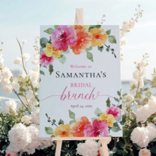Bright pink orange peony bridal brunch welcome poster