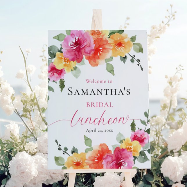 Bright pink orange peony bridal luncheon welcome poster (Creator Uploaded)