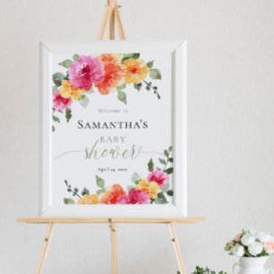 Bright pink orange peony girl baby shower welcome poster